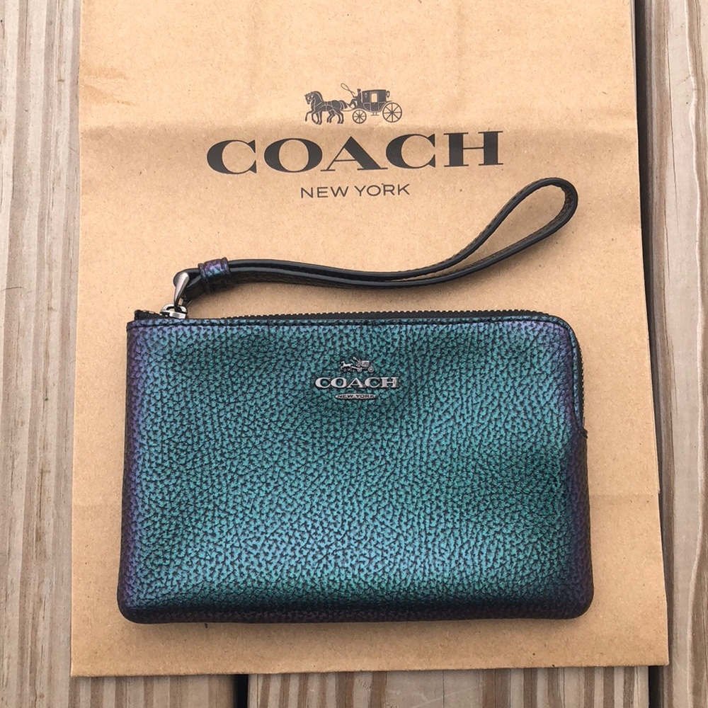 Coach Hologram Corner Zip Pebble Leather Wristlet